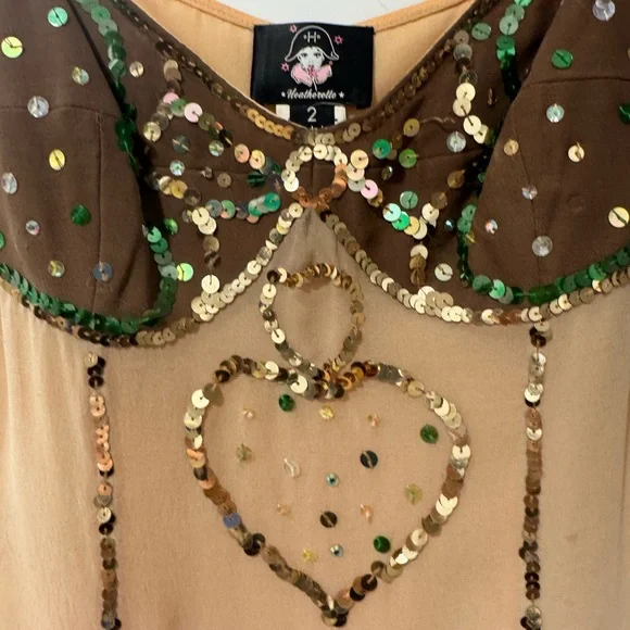 VINTAGE HEATHERETTE 100% silk Green and Brown Sequin Dress - Picture 2 of 9